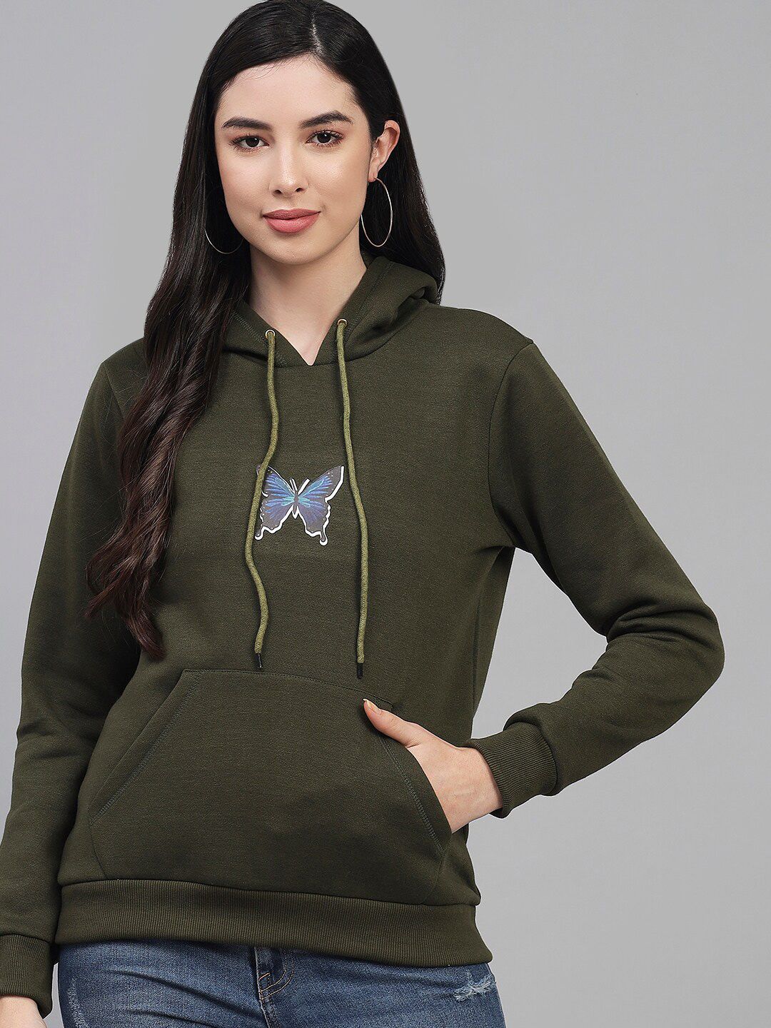 Kotty Women Olive Green Printed Hooded Sweatshirt