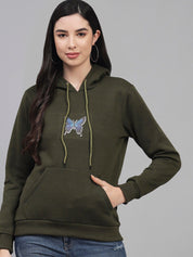 Kotty Women Olive Green Printed Hooded Sweatshirt