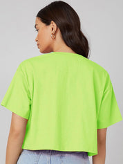 Kotty Lime Green Graphic Printed Oversized Cotton Casual T-Shirt