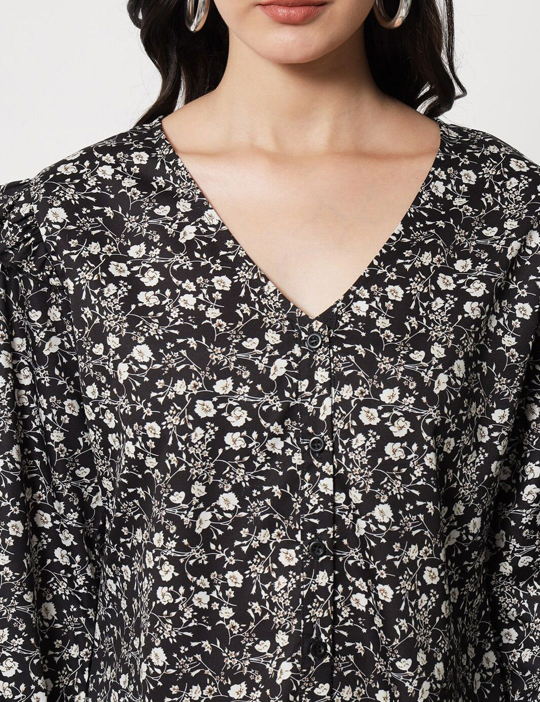 Kotty Floral Print Bell Sleeve Ruffles Crepe Top