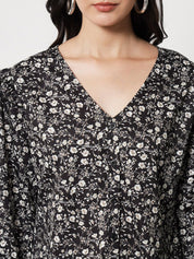 Kotty Floral Print Bell Sleeve Ruffles Crepe Top