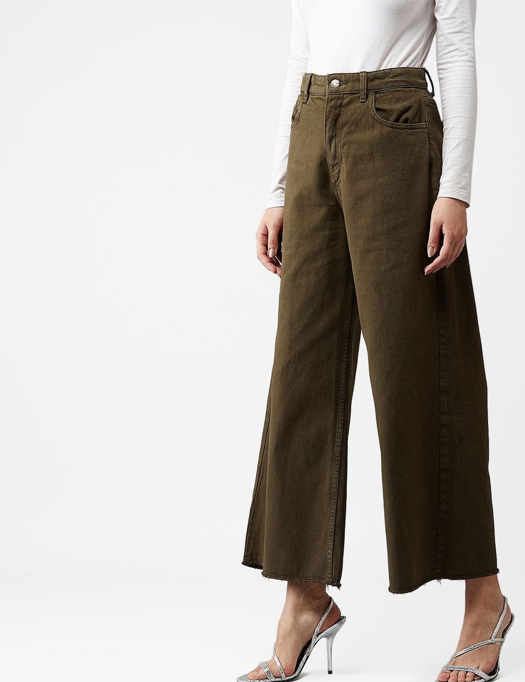 Kotty Women Olive Green Wide Leg High-Rise Clean Look Jeans