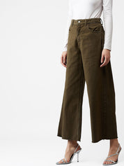 Kotty Women Olive Green Wide Leg High-Rise Clean Look Jeans