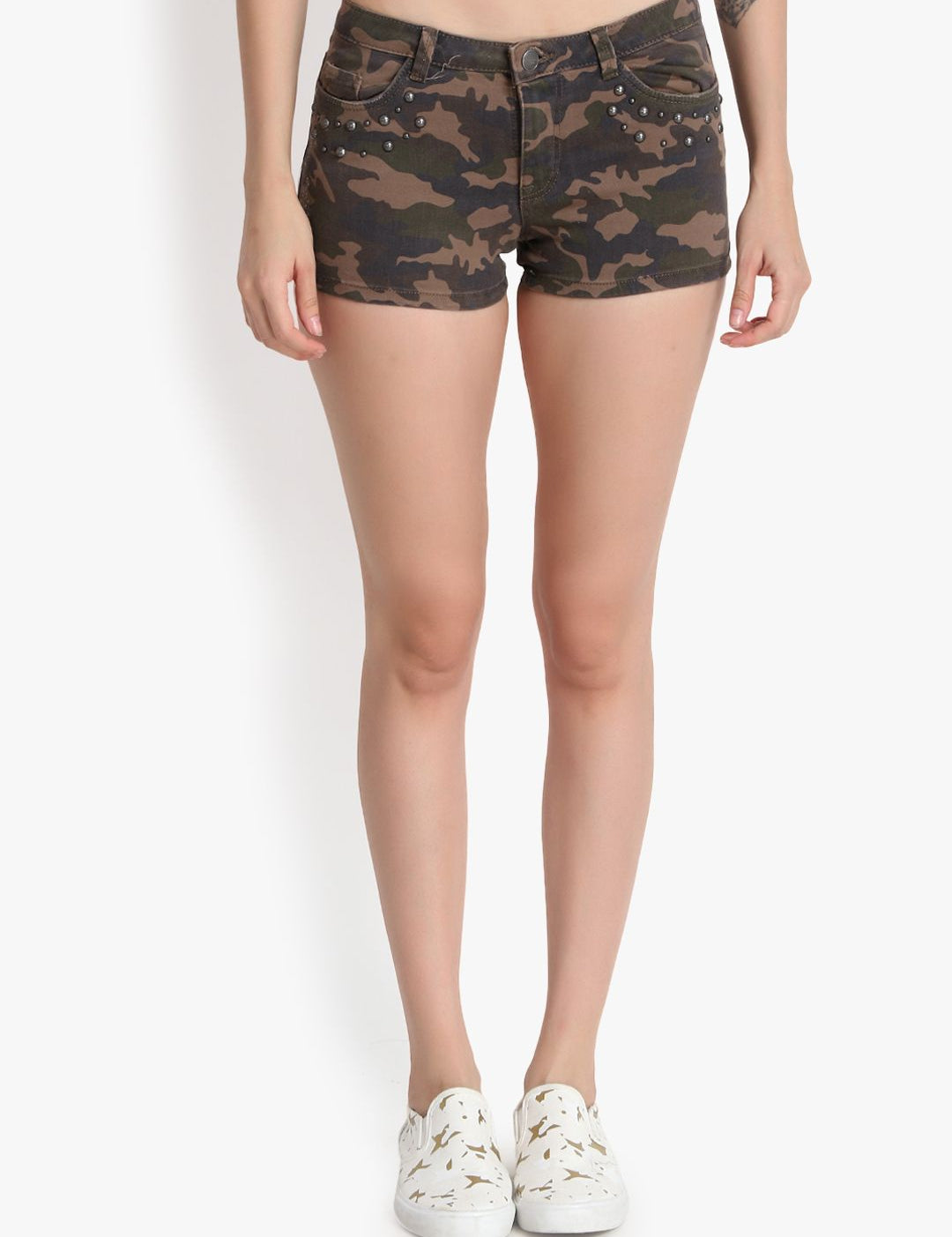 Kotty Women Khaki Printed Regular Fit Denim Shorts