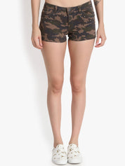 Kotty Women Khaki Printed Regular Fit Denim Shorts