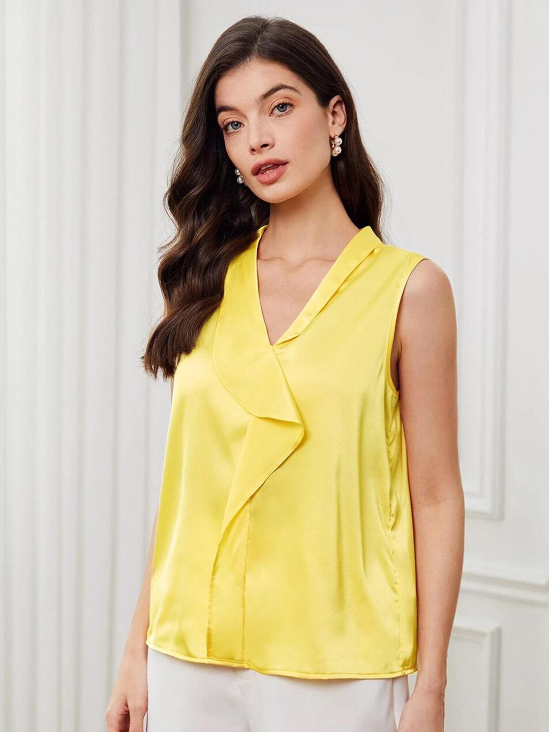 KOTTY BIZwear Yellow V-Neck Sleeveless Satin Top