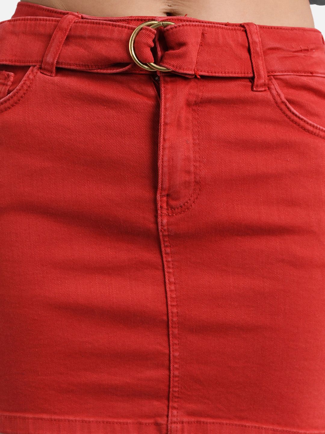 kotty Women Red Solid Mini Denim Straight Skirt