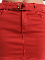 kotty Women Red Solid Mini Denim Straight Skirt