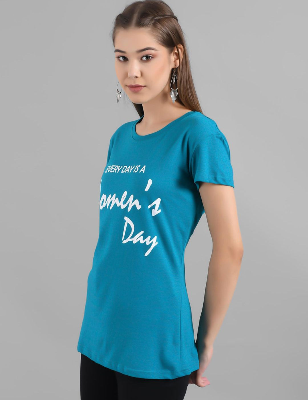 Kotty Women Turquoise Blue Printed Round Neck T-shirt
