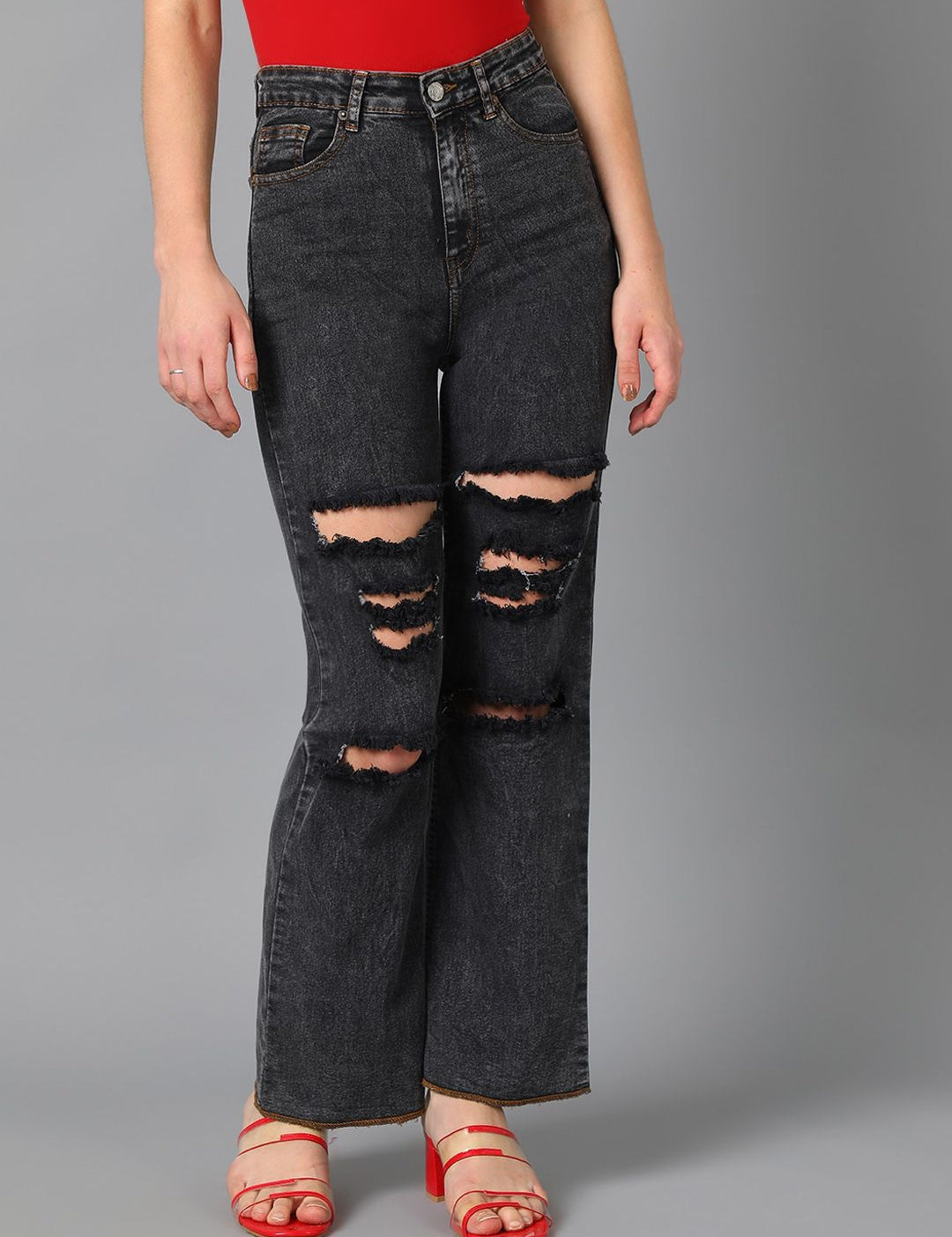 Kotty Black Women Jean Straight Fit High-Rise Mildly Distressed Stretchable Jeans