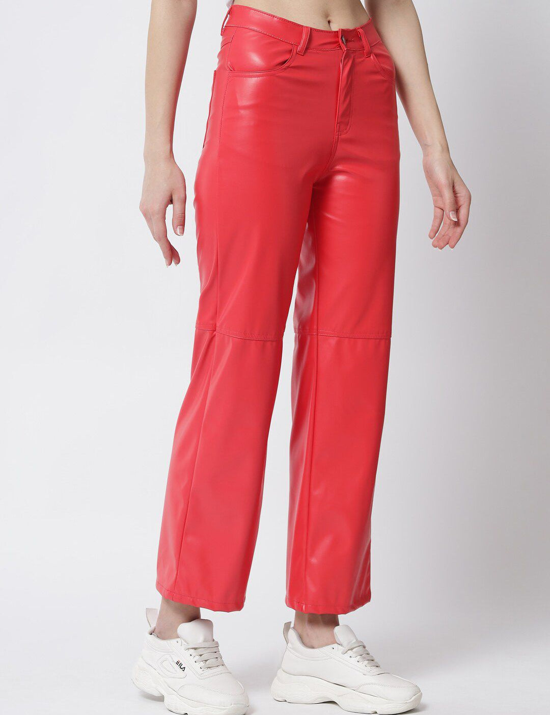 Kotty Women Red Relaxed Straight Fit Faux Leather Trousers