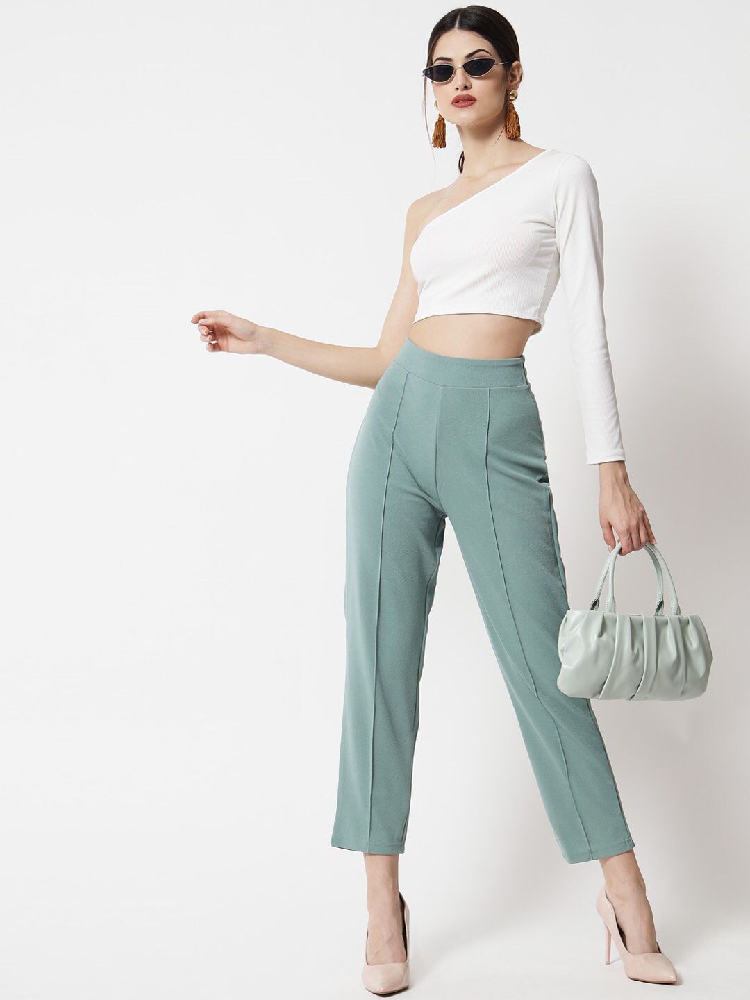 Kotty Women Green Relaxed Straight Fit High-Rise Easy Wash Trousers