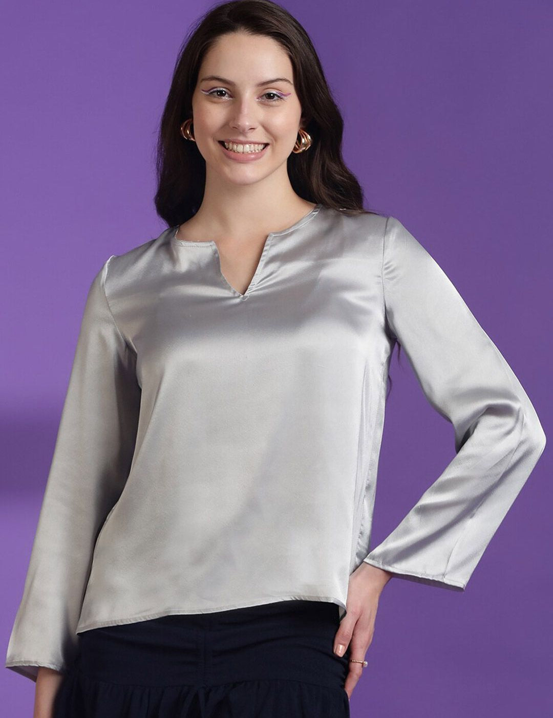 KOTTY BIZwear Round Neck Long Sleeves Satin Top