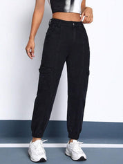 Kotty Women Black Jean Straight Fit Stretchable Cargo Jeans