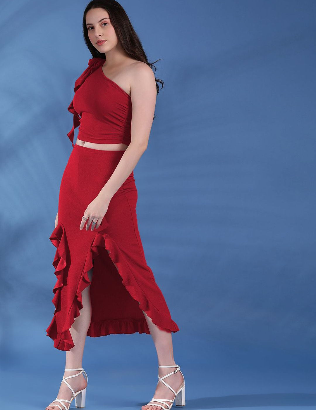 Kotty Maroon One Shoulder Top With Skirt