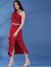Kotty Maroon One Shoulder Top With Skirt