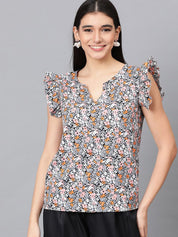 Kotty Women Floral Printed Sweetheart Neck Flutter Sleeves Top