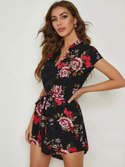 Kotty Black & Red Floral Printed Mandarin Collar Extended Sleeves A-Line Mini Dress