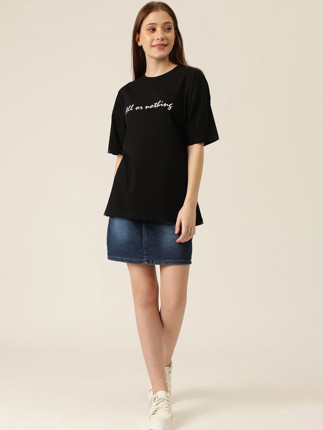Kotty Typography Printed Drop-Shoulder Sleeves Oversized T-shirt