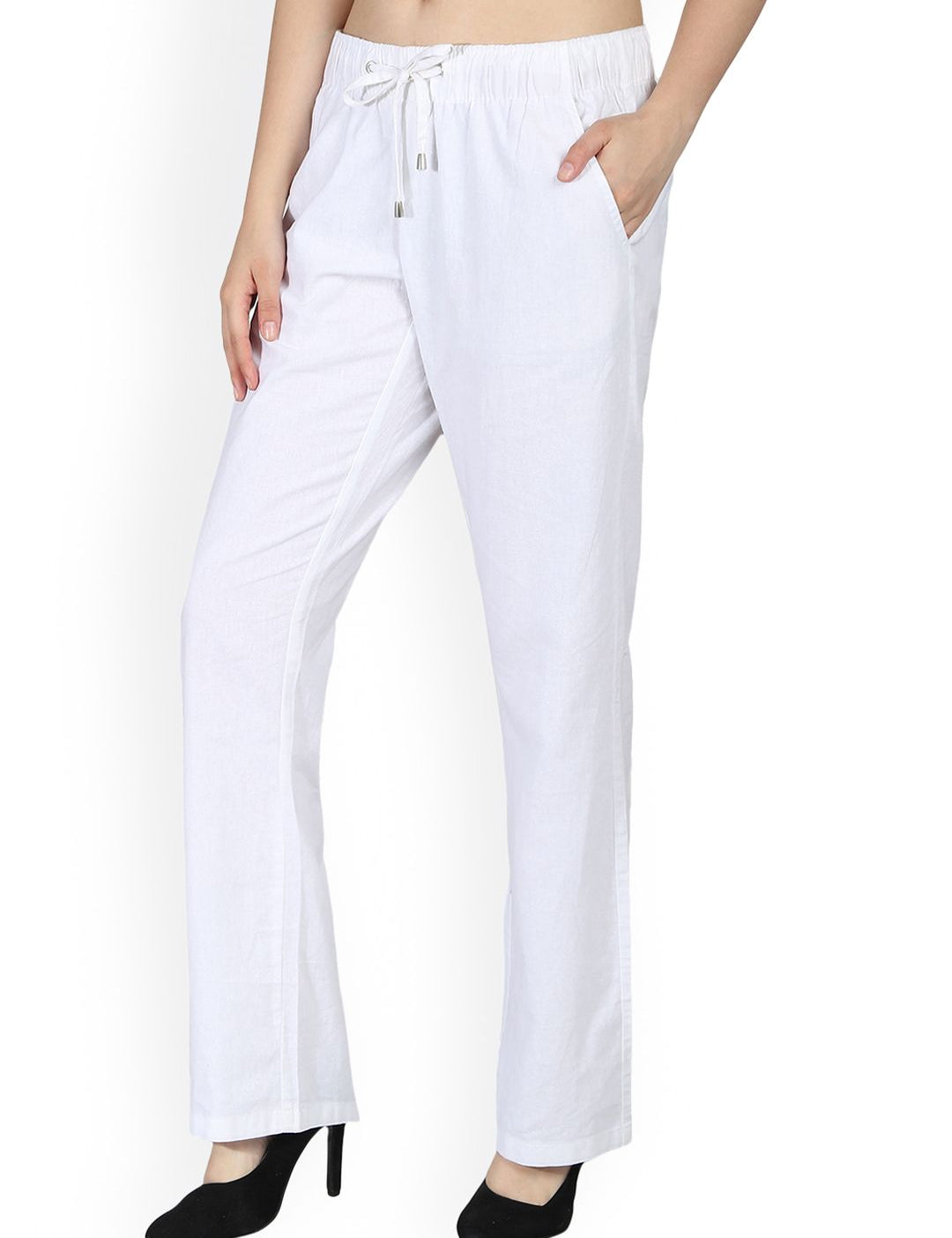 Kotty Women White Regular Fit Solid Linen Regular Trousers