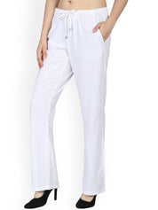 Kotty Women White Regular Fit Solid Linen Regular Trousers