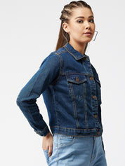 Kotty Women Navy Blue Solid Denim Crop Jacket