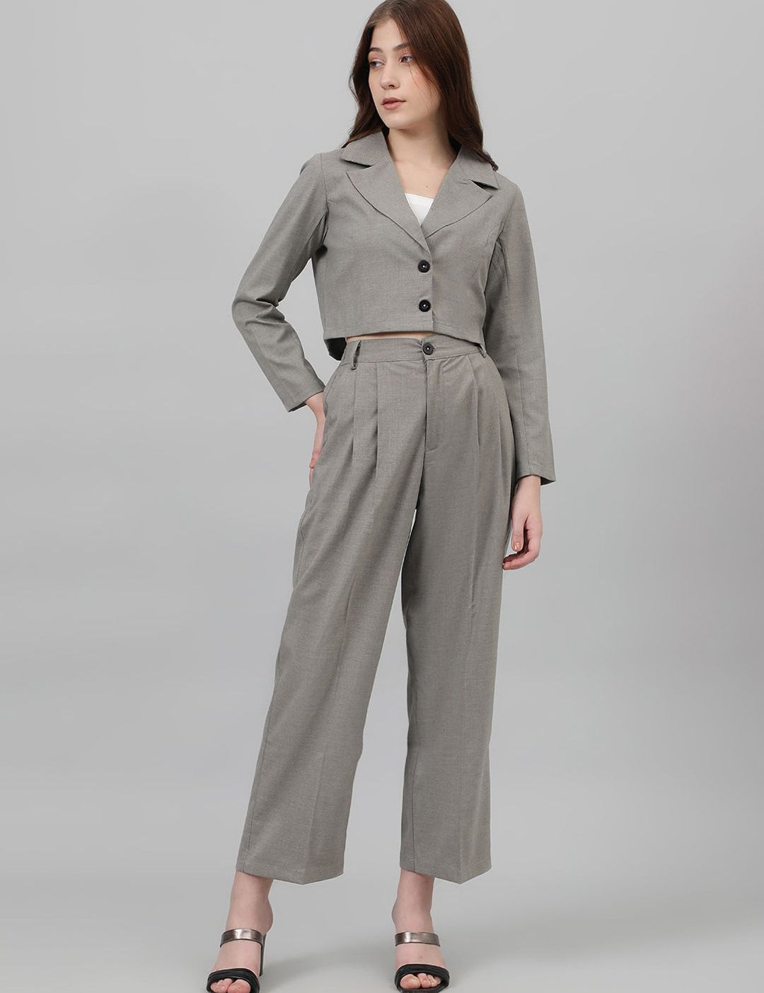 Kotty Grey Lapel Collar Crop Blazer With Trousers