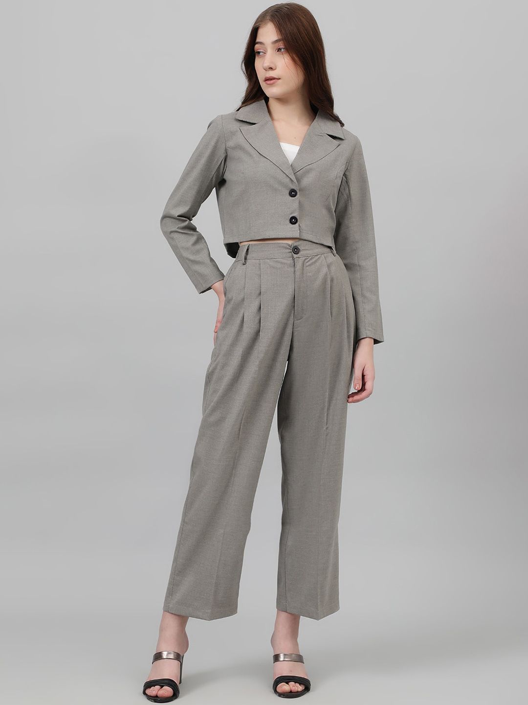 Kotty Grey Lapel Collar Crop Blazer With Trousers