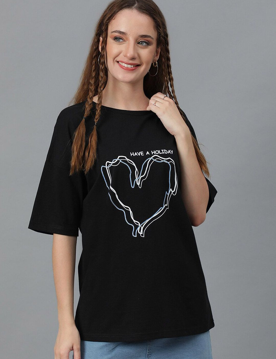 Kotty Graphic Printed Round Neck  Drop-Shoulder Sleeves Pure Cotton Oversized T-shirt