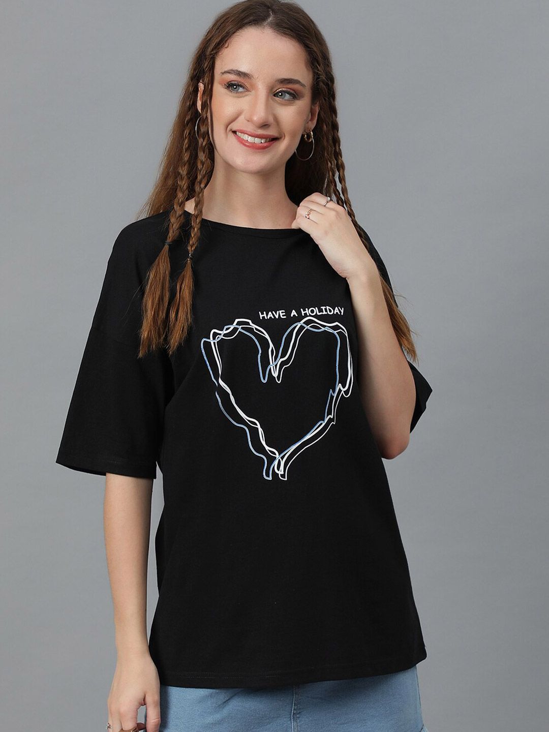 Kotty Graphic Printed Round Neck  Drop-Shoulder Sleeves Pure Cotton Oversized T-shirt