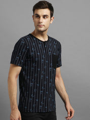 Kotty Men Navy Blue Striped V-Neck T-shirt
