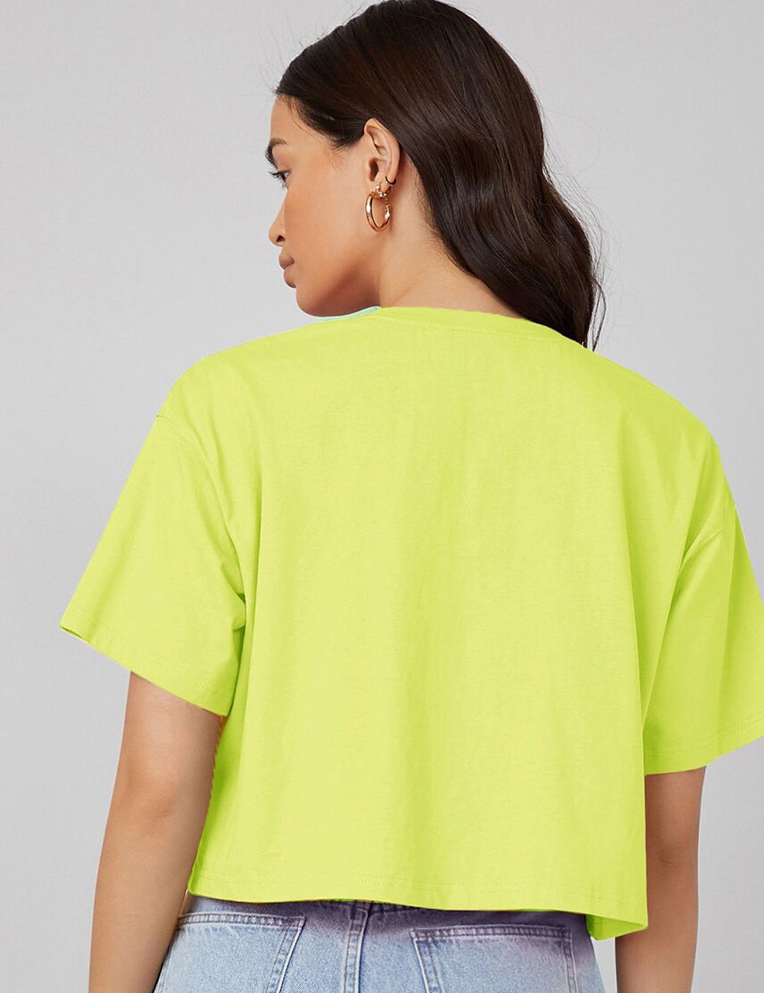 Kotty Yellow Typography Printed Drop-Shoulder Sleeves Cotton Oversized Crop T-shirt