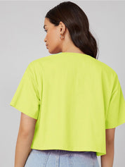 Kotty Yellow Typography Printed Drop-Shoulder Sleeves Cotton Oversized Crop T-shirt
