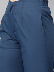 Kotty Women Teal Blue Relaxed Straight Leg Fit High-Rise Easy Wash Trousers