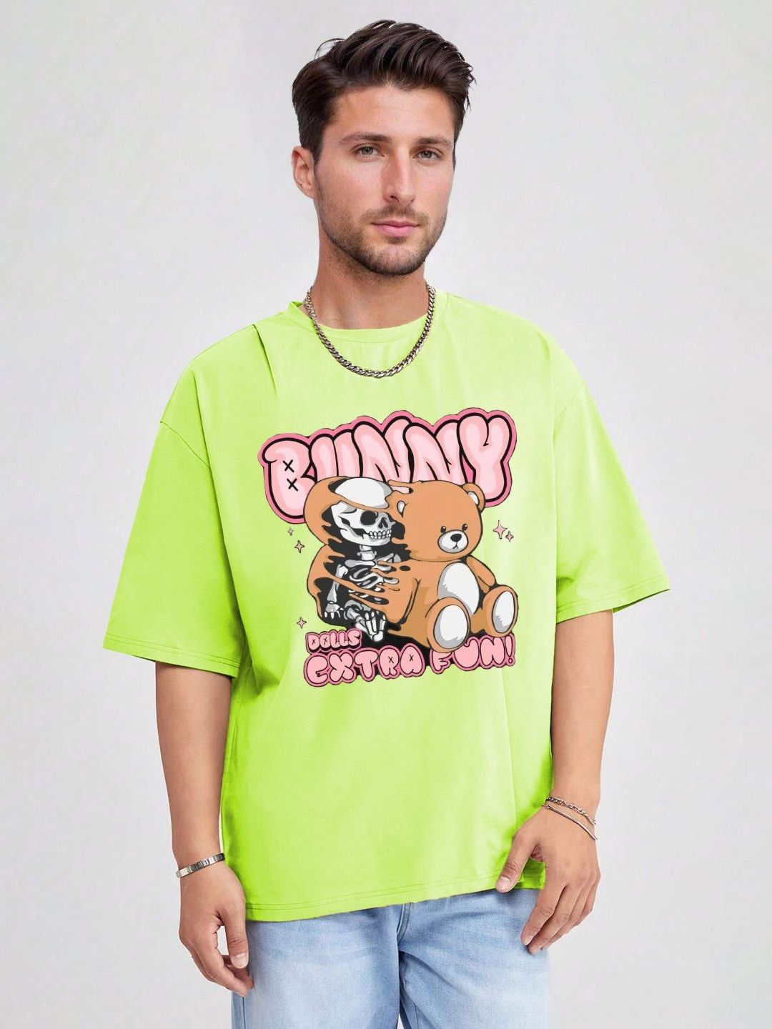 Kotty Men Printed Drop-Shoulder Sleeves Raw Edge T-shirt