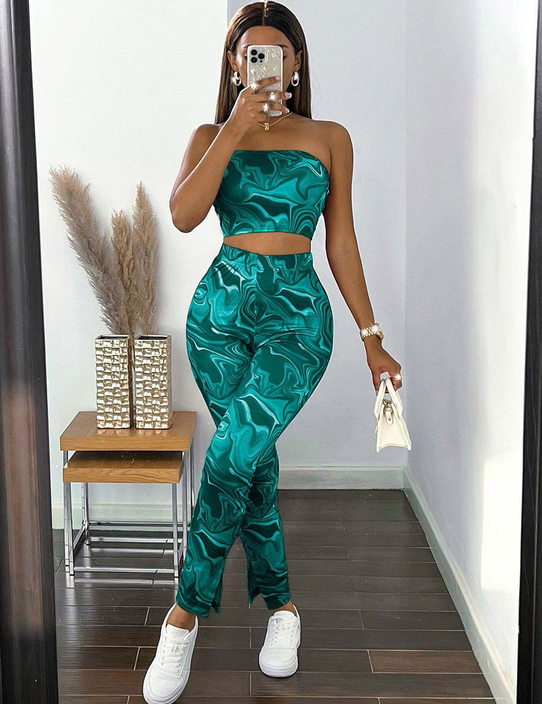 Kotty Teal Green Abstract Printed Strapless Top With Tights  