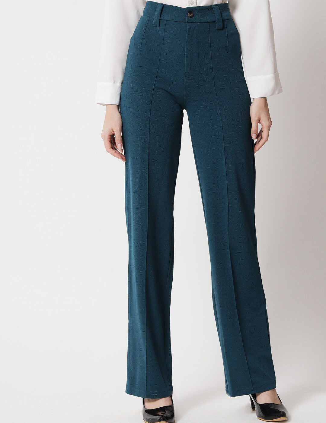 KOTTY BIZwear Women Teal Relaxed Straight Fit High-Rise Easy Wash Trousers