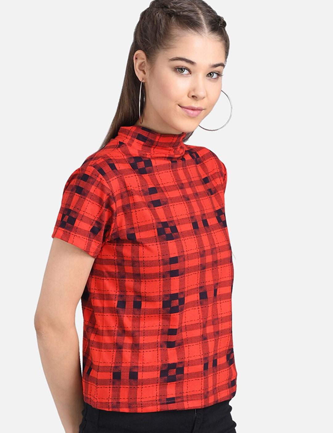 Kotty Women Red & Black Checked Pure Cotton Top