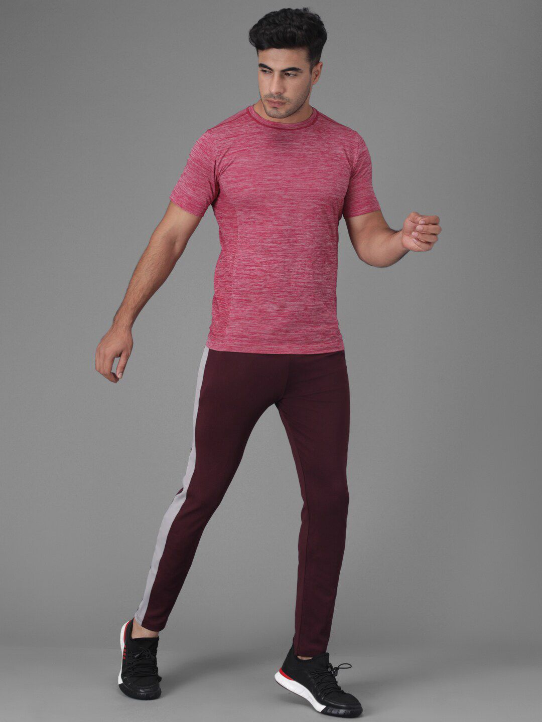 Kotty Men Maroon & Grey-Melange Solid Slim-Fit Track Pants