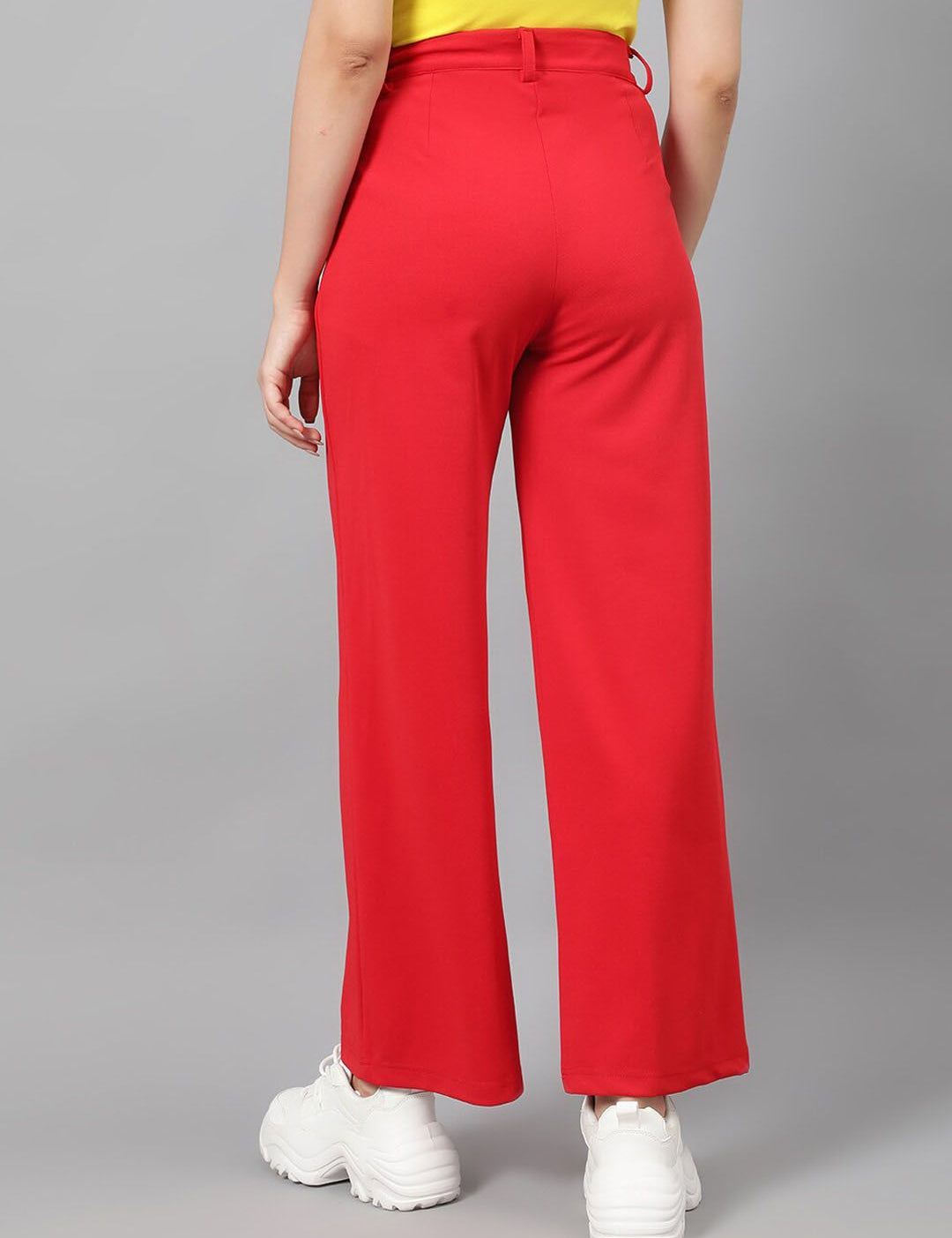 Kotty Women Red Relaxed Straight Leg Fit High-Rise Easy Wash Pleated Parallel Trousers