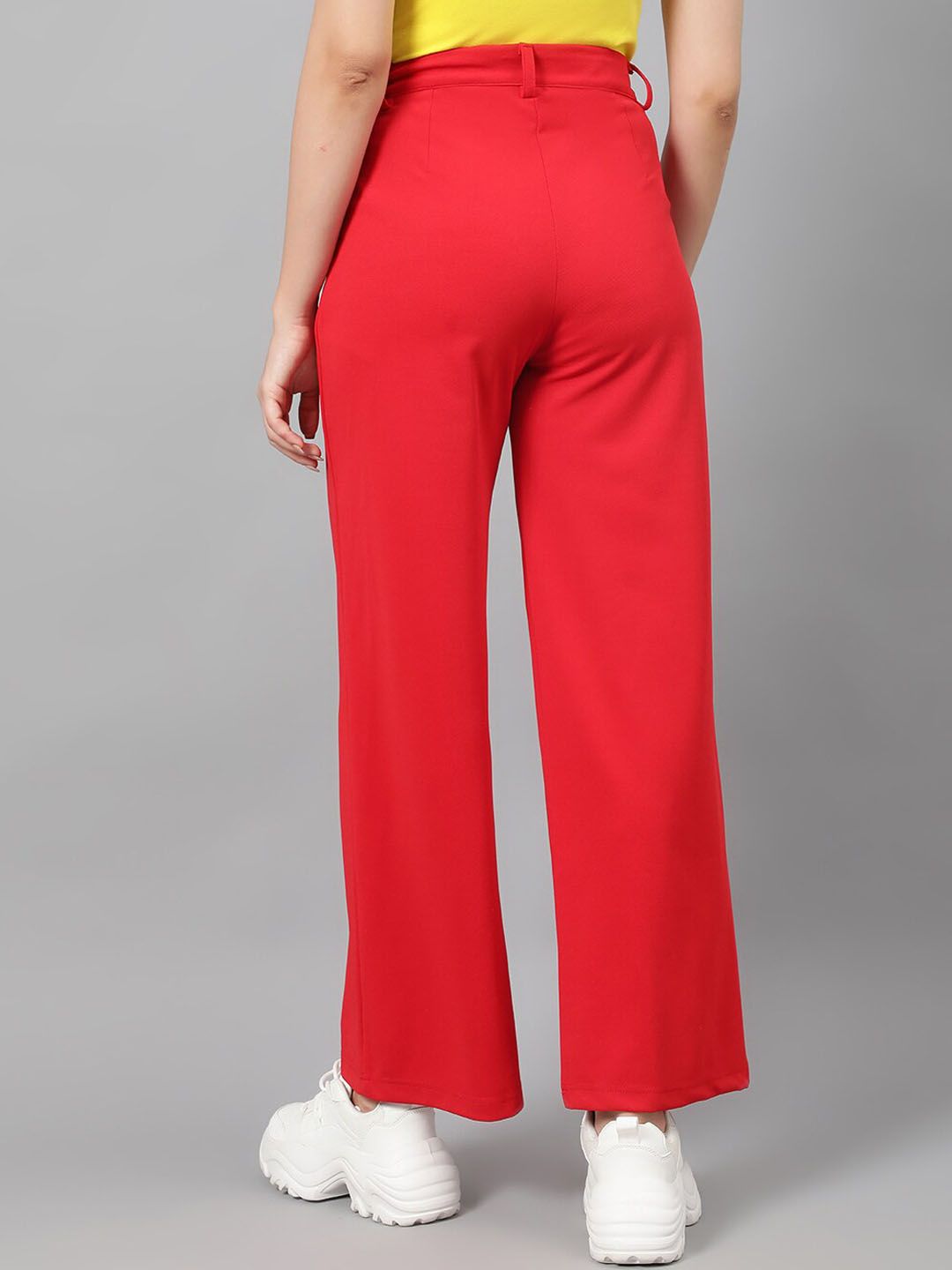 Kotty Women Red Relaxed Straight Leg Fit High-Rise Easy Wash Pleated Parallel Trousers