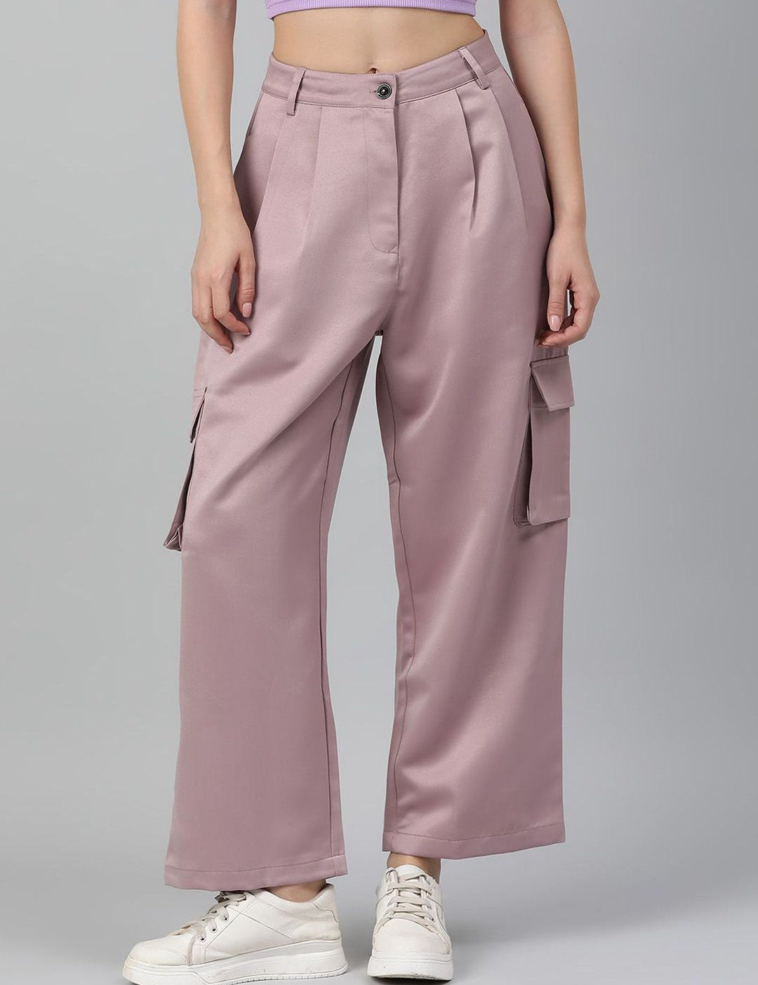 Kotty Women Pink Straight Fit High-Rise Easy Wash Cargos Trousers