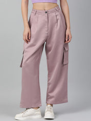Kotty Women Pink Straight Fit High-Rise Easy Wash Cargos Trousers