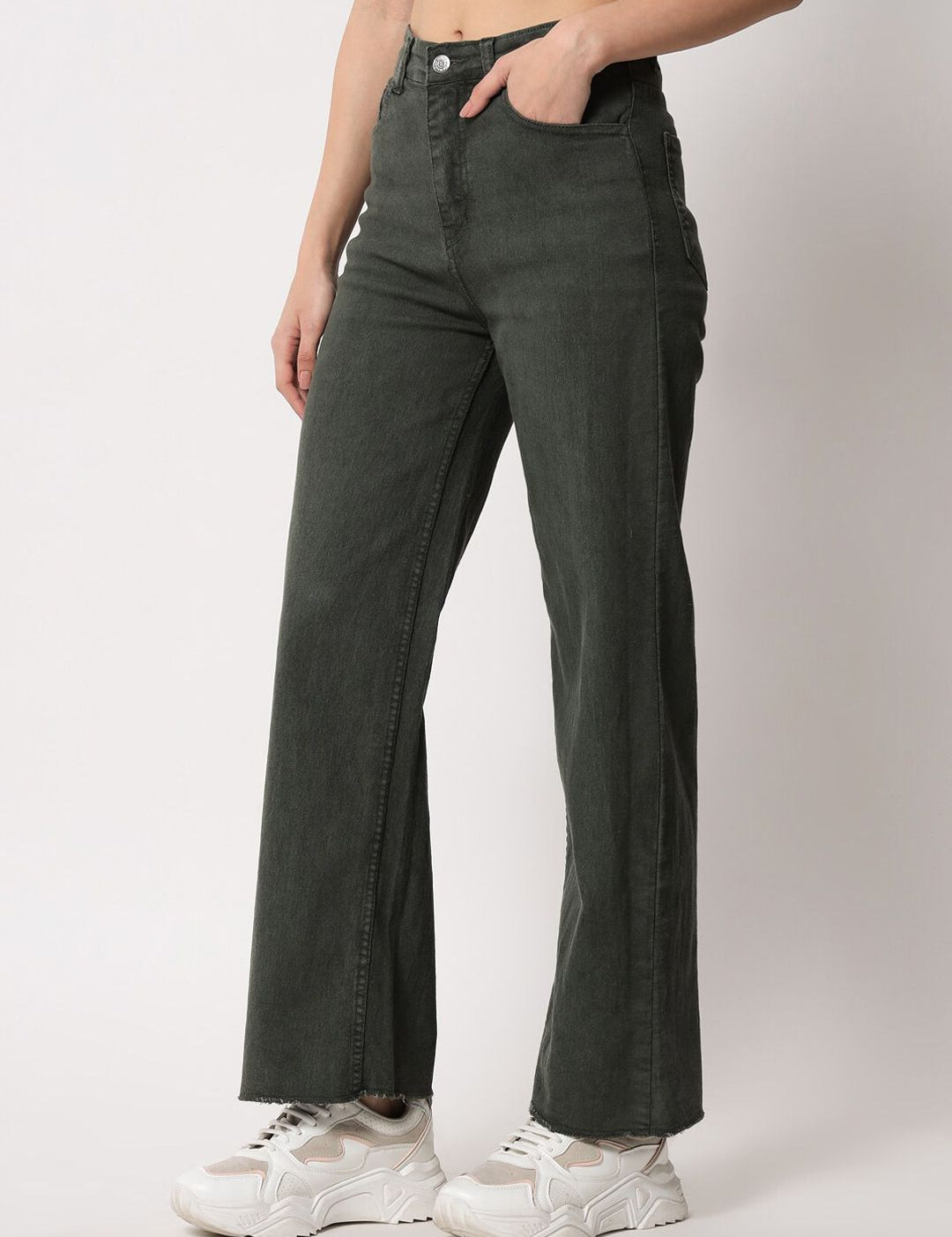 Kotty Women Olive Green Cotton Wide Leg Jeans