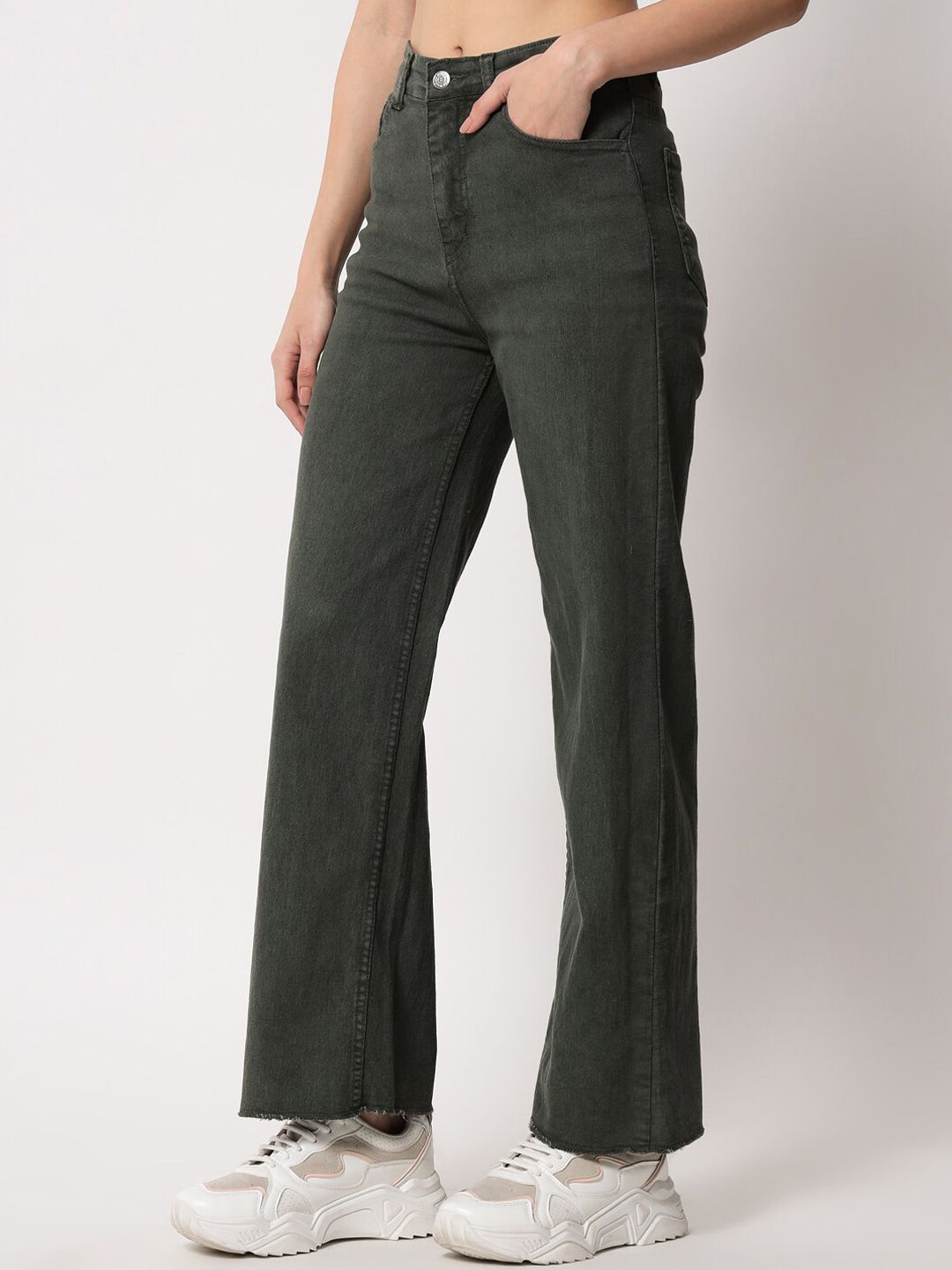 Kotty Women Olive Green Cotton Wide Leg Jeans