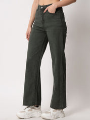 Kotty Women Olive Green Cotton Wide Leg Jeans