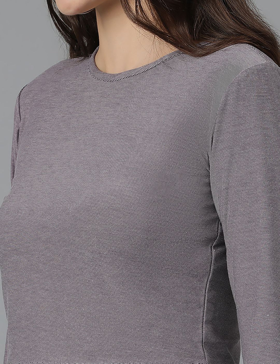 KOTTY Basics Brown Long Sleeves Crop Slim Fit Cotton Casual T-shirt