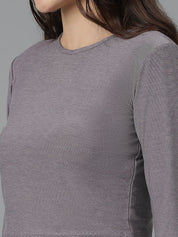 KOTTY Basics Brown Long Sleeves Crop Slim Fit Cotton Casual T-shirt