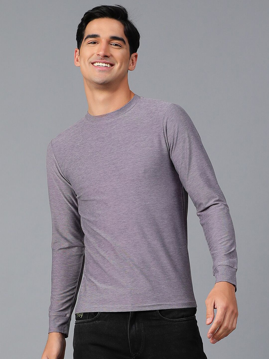 Kotty Purple Round Neck Long Sleeves Slim Fit T-shirt