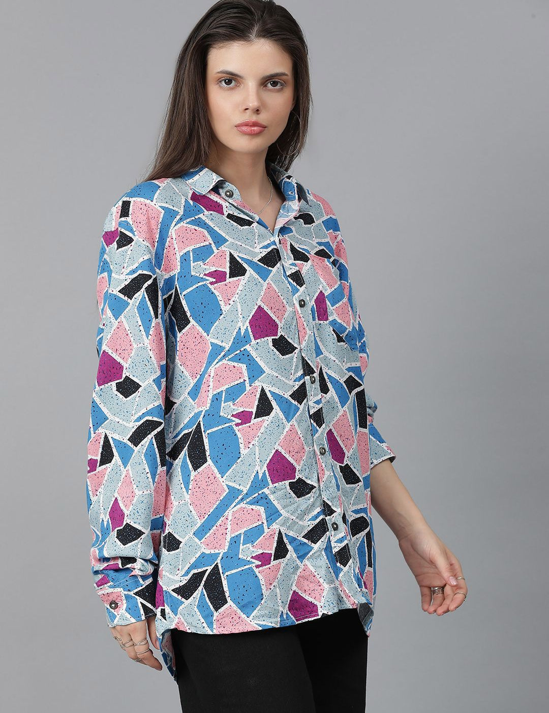 Kotty Women Spread Collar Abstract Printed Cotton Oversized Casual Shirt